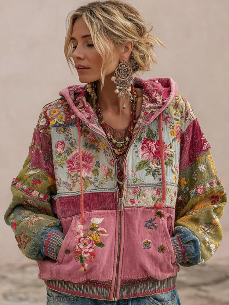 Rosalie | Vintage Floral Patchwork Zip Hoodie
