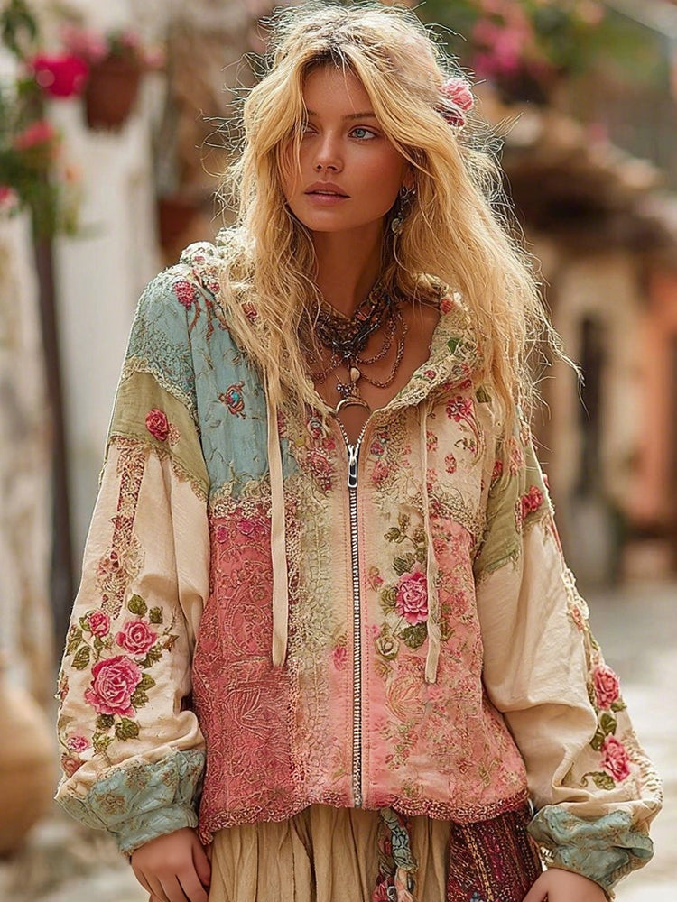 Elowen | Floral Embroidered Zip Hoodie