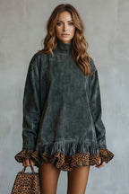Selvatta – Leopard trim ruffle – Suede mini dress