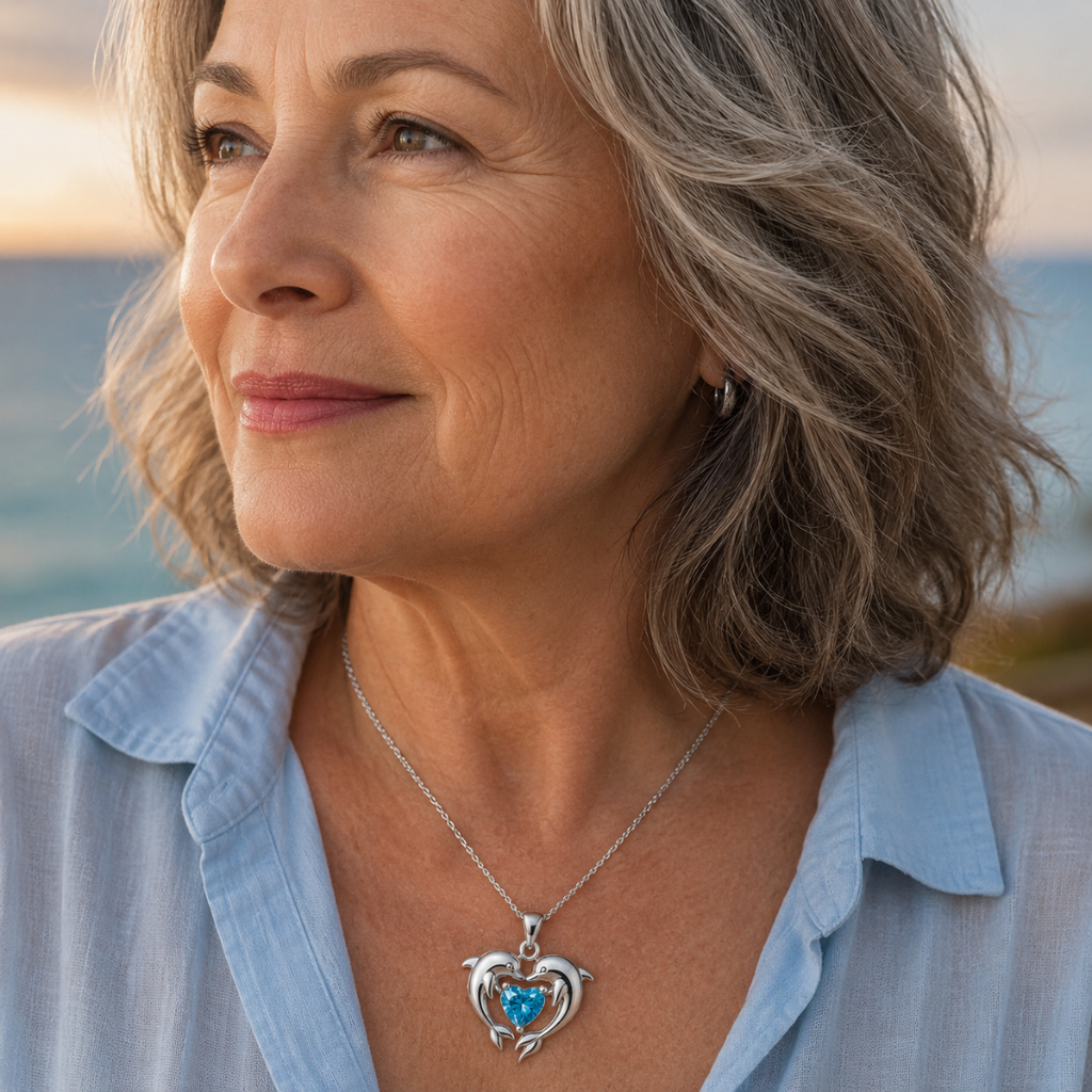 Timeless Silver Necklace with Two Dolphins and Opal