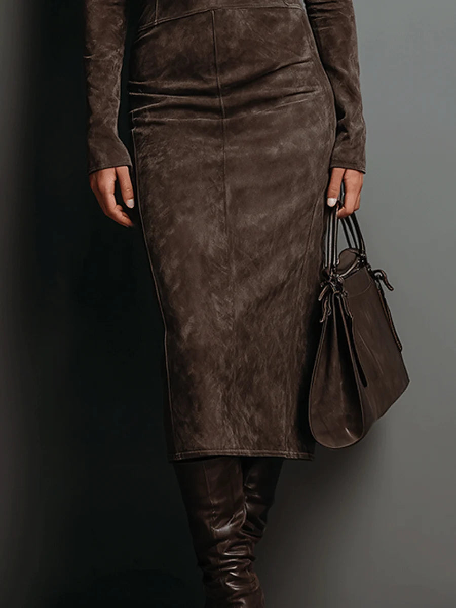 Ilaria | Midi Dress in Suede with High Collar and Long Sleeves