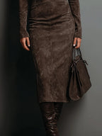Ilaria | Midi Dress in Suede with High Collar and Long Sleeves