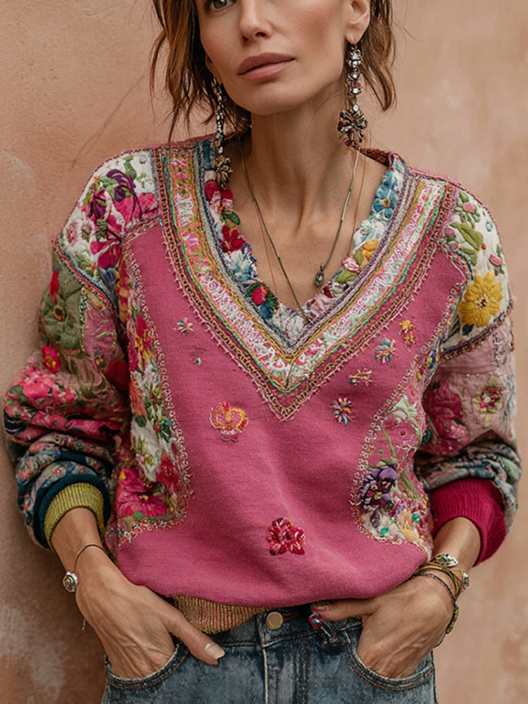 Celeste | Embroidered Boho V-Neck Sweatshirt