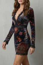 Solenza – Baroque lace plunge – Velvet mini dress