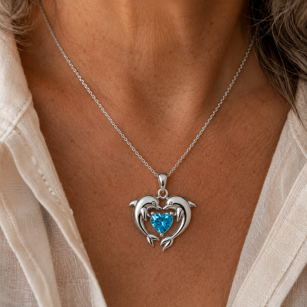 Timeless Silver Necklace with Two Dolphins and Opal