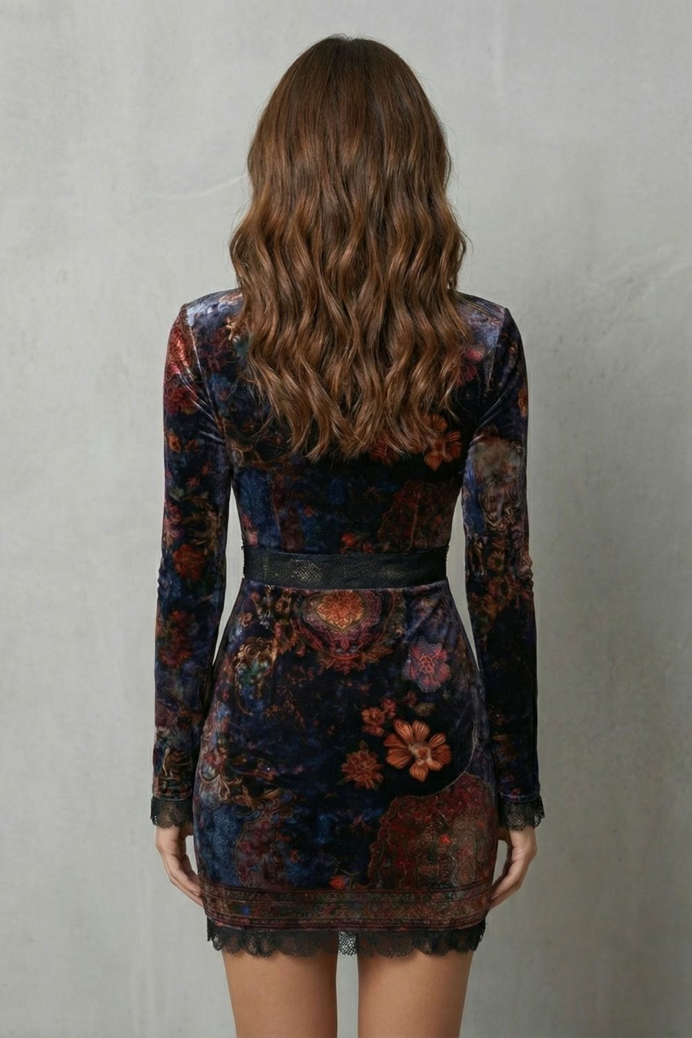 Solenza – Baroque lace plunge – Velvet mini dress