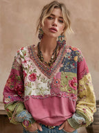 Maribel | Embroidered Patchwork V-Neck Sweatshirt