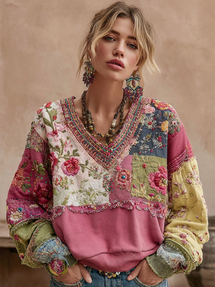 Maribel | Embroidered Patchwork V-Neck Sweatshirt
