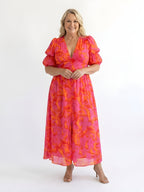 Samara | Floral V-Neck Puff Sleeve Midi Dress