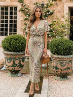 Stella & Grace™ | Abstract Print V Neck Twist Waist Midi Dress
