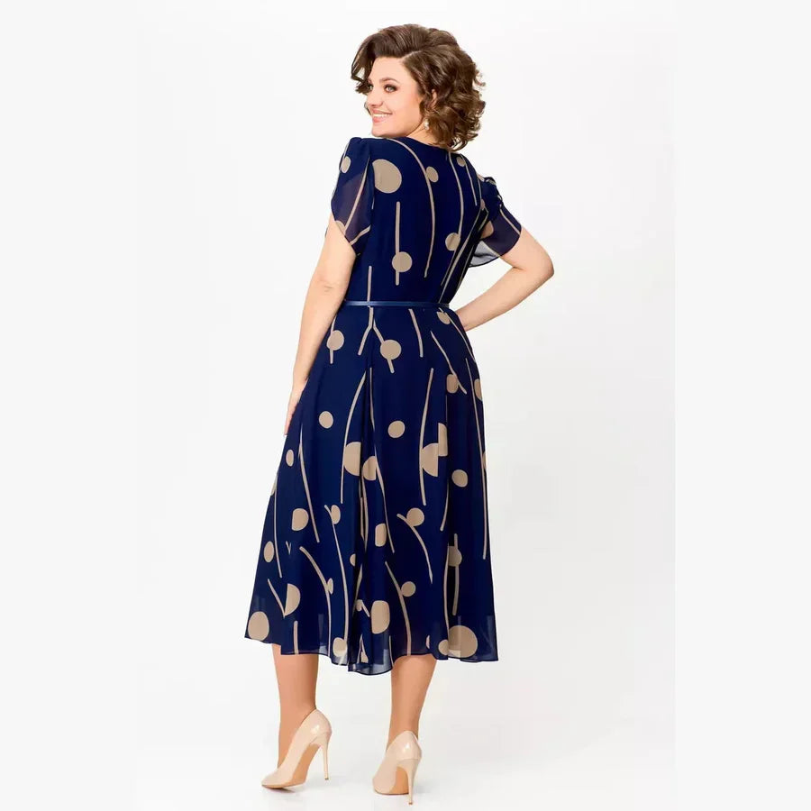 IVY | MIDI DRESS IN NAVY POLKA DOT CHIFFON