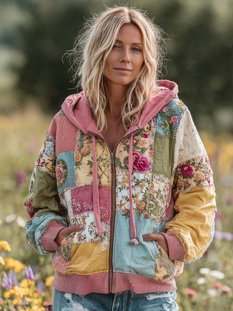 Elodie | Floral Patchwork Zip Hoodie