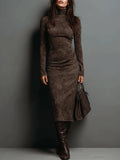 Ilaria | Midi Dress in Suede with High Collar and Long Sleeves