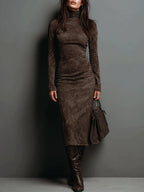 Ilaria | Midi Dress in Suede with High Collar and Long Sleeves
