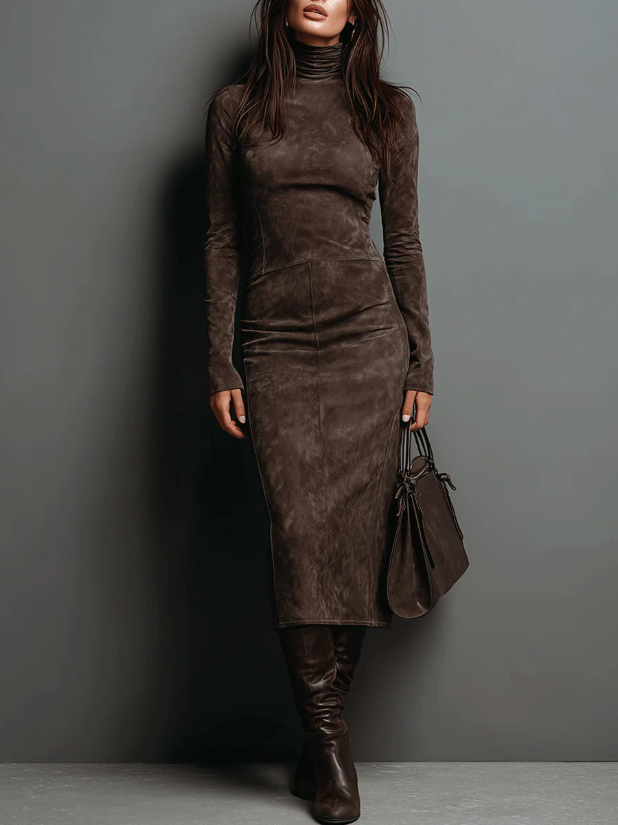 Ilaria | Midi Dress in Suede with High Collar and Long Sleeves