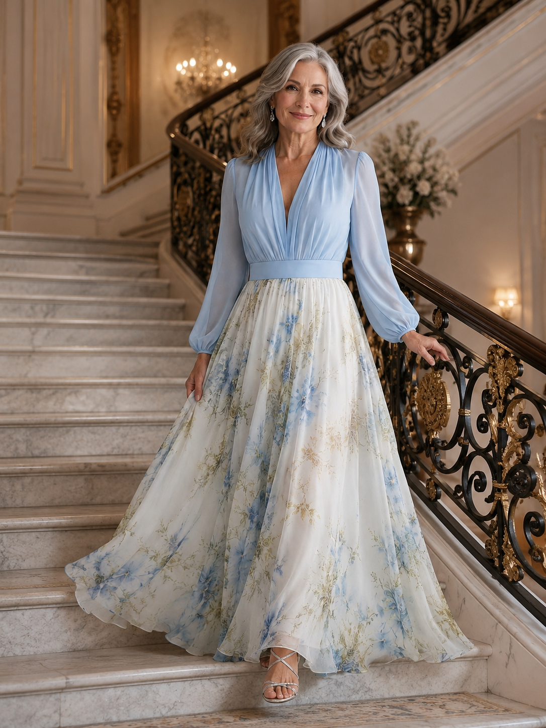 Women’s Maxi Dress with V-Neckline and Sheer Sleeves