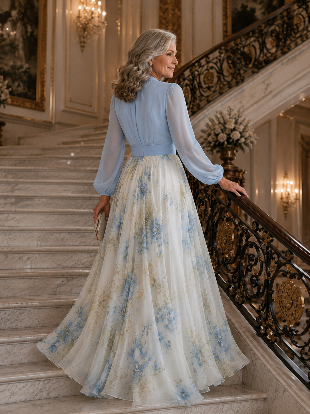Women’s Maxi Dress with V-Neckline and Sheer Sleeves
