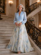 Women’s Maxi Dress with V-Neckline and Sheer Sleeves