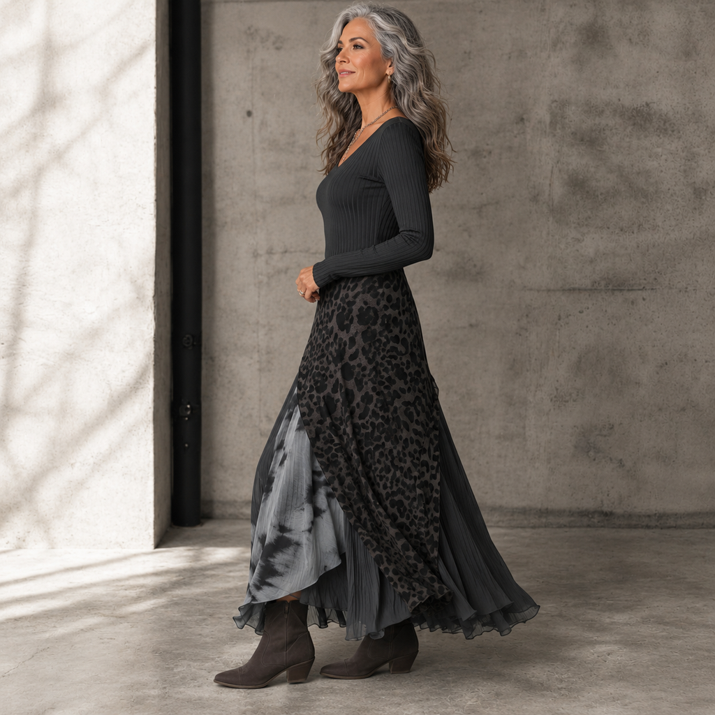 Fenna™ | Long Dress with Leopard Accent – Bold Elegance & Flowing Femininity