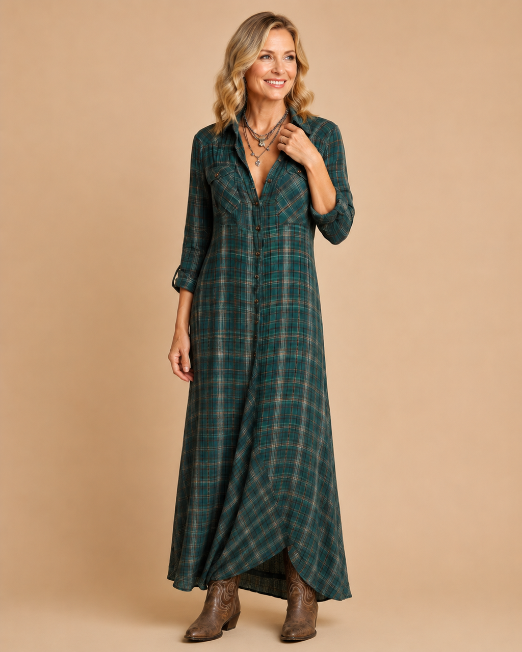 Long Dress with Green Checkered Lapel