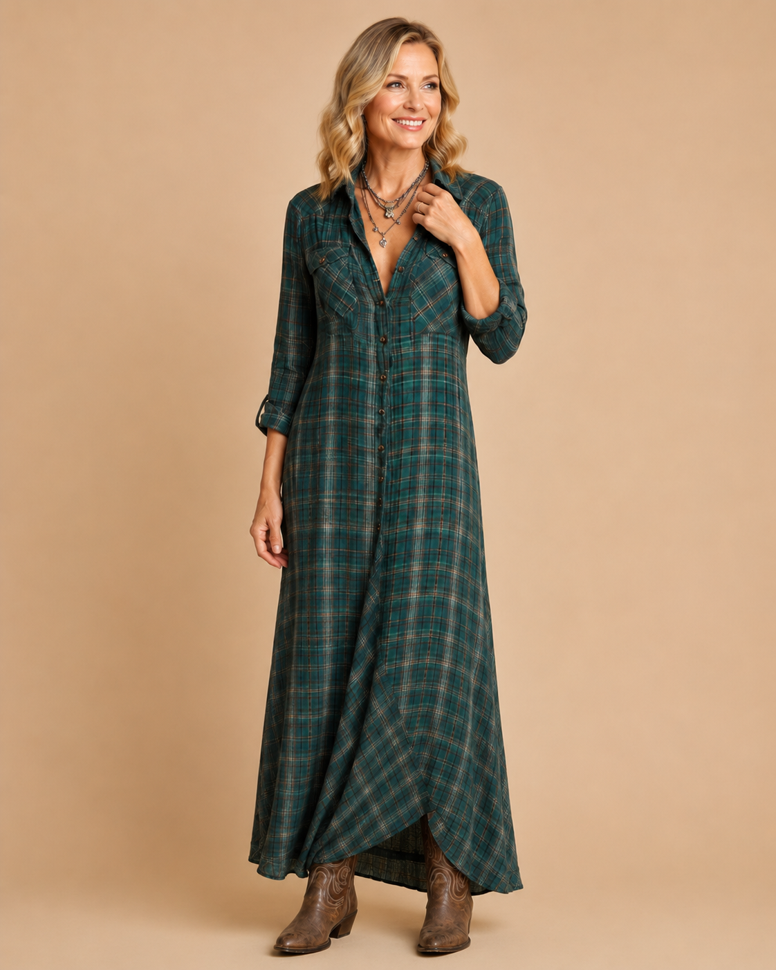 Long Dress with Green Checkered Lapel