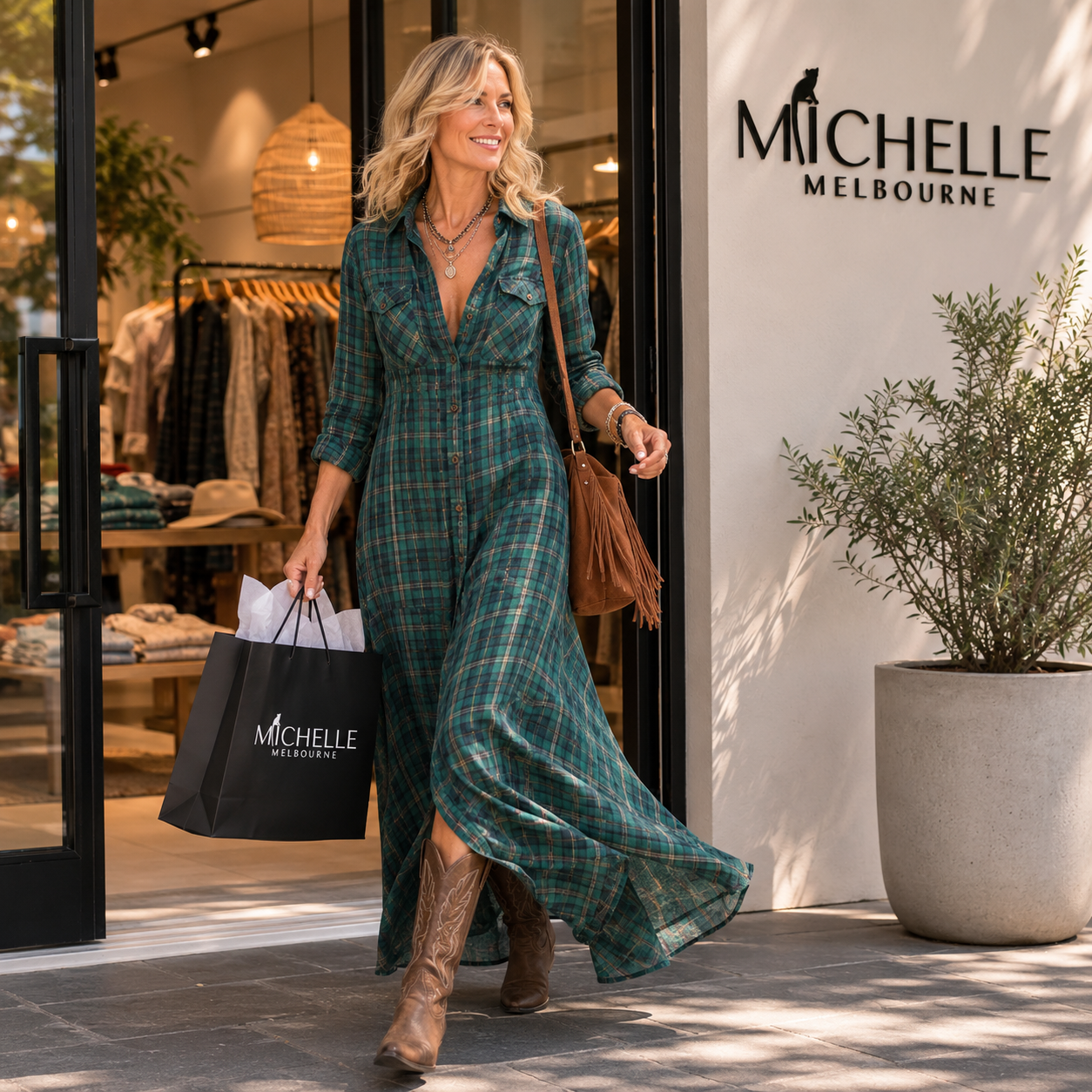Long Dress with Green Checkered Lapel