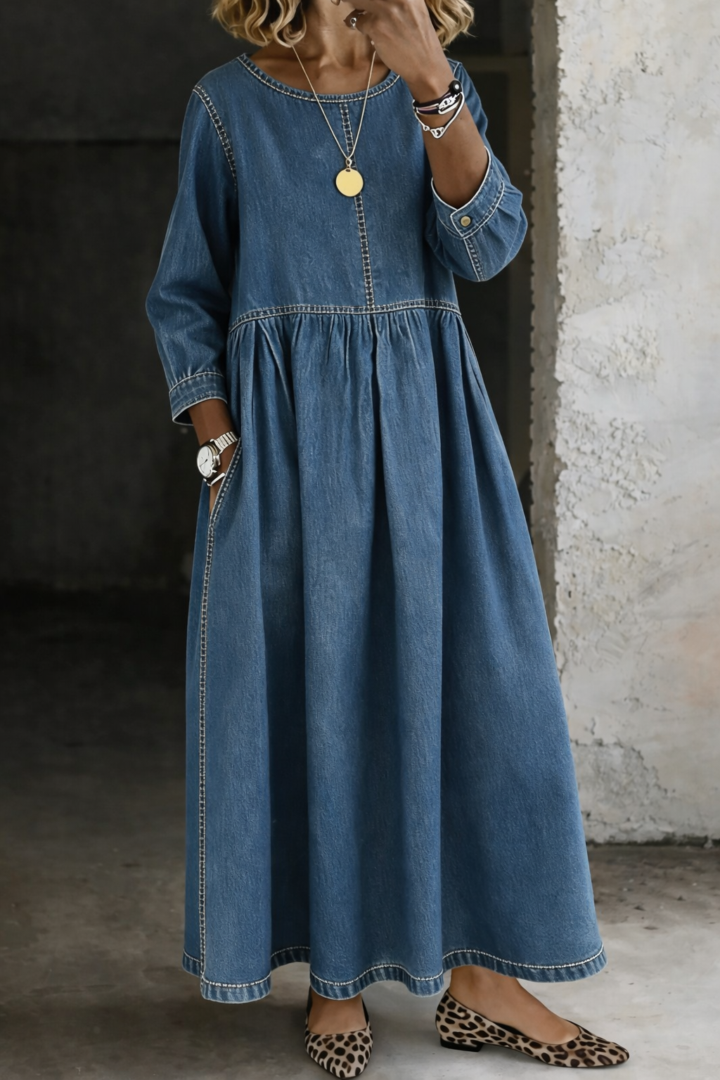 Chelsea | Round Neck Long Sleeve Denim Dress