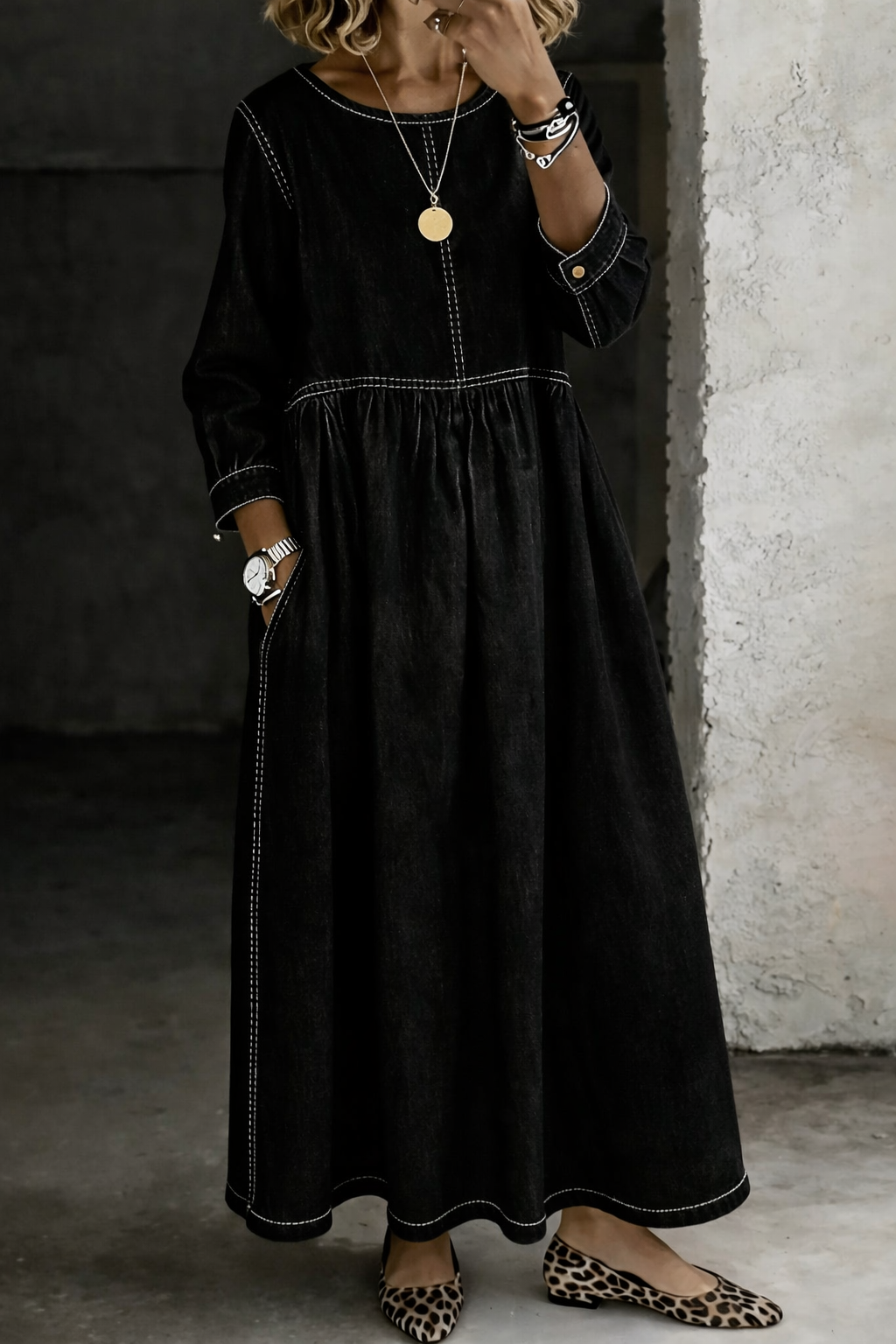 Chelsea | Round Neck Long Sleeve Denim Dress