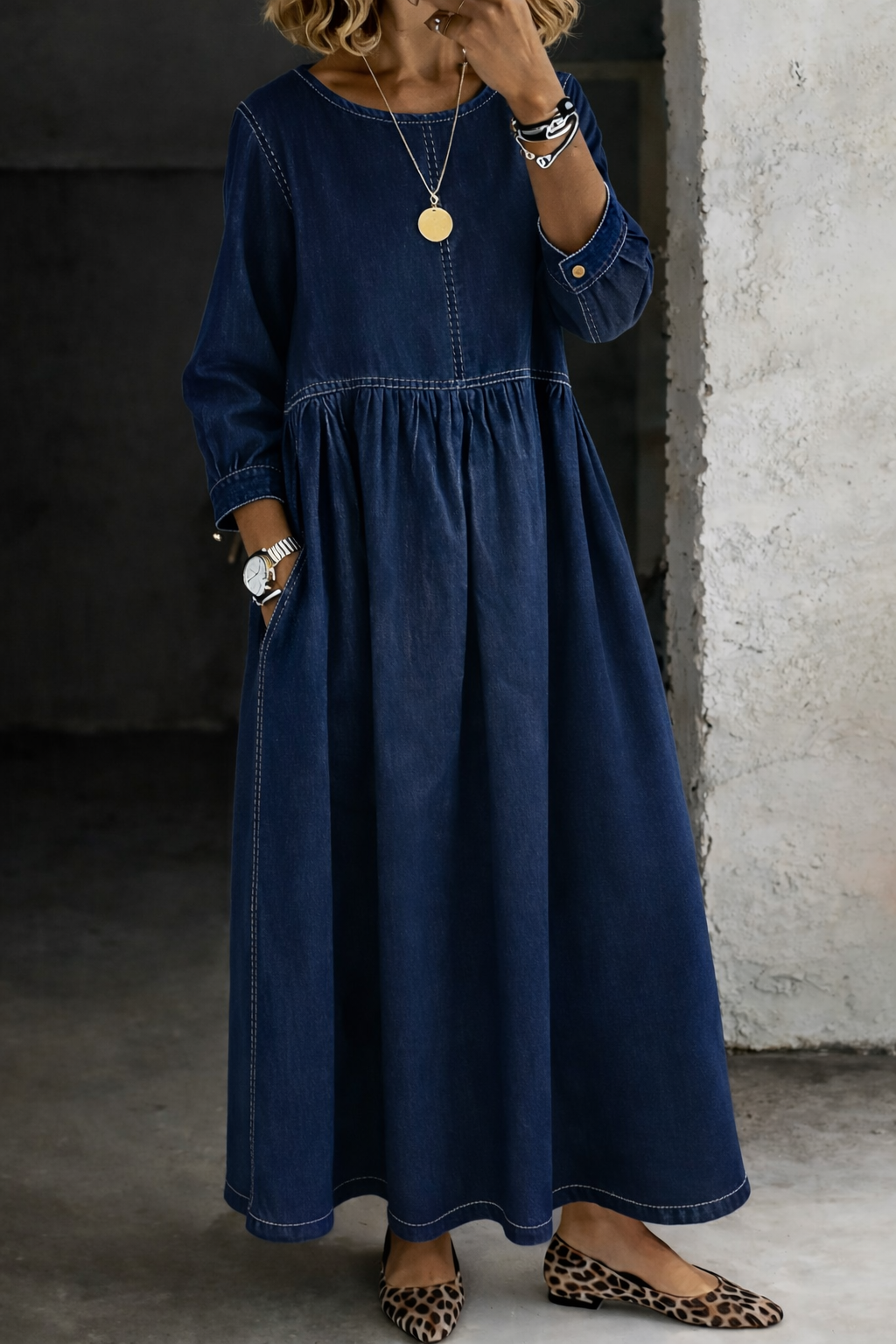 Chelsea | Round Neck Long Sleeve Denim Dress
