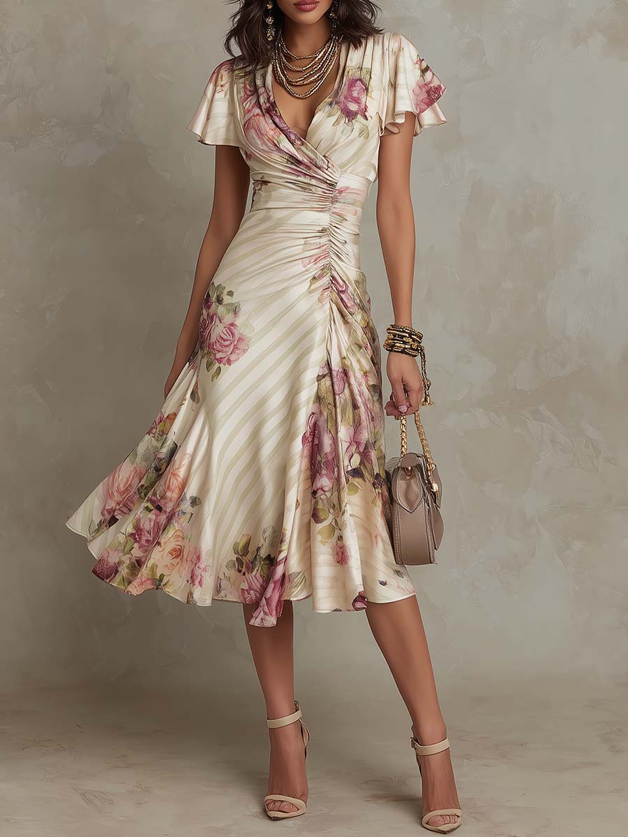 Alba | Elegant Floral Satin Midi Dress
