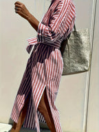 Christine | Striped Print & Button Closure with Belt
