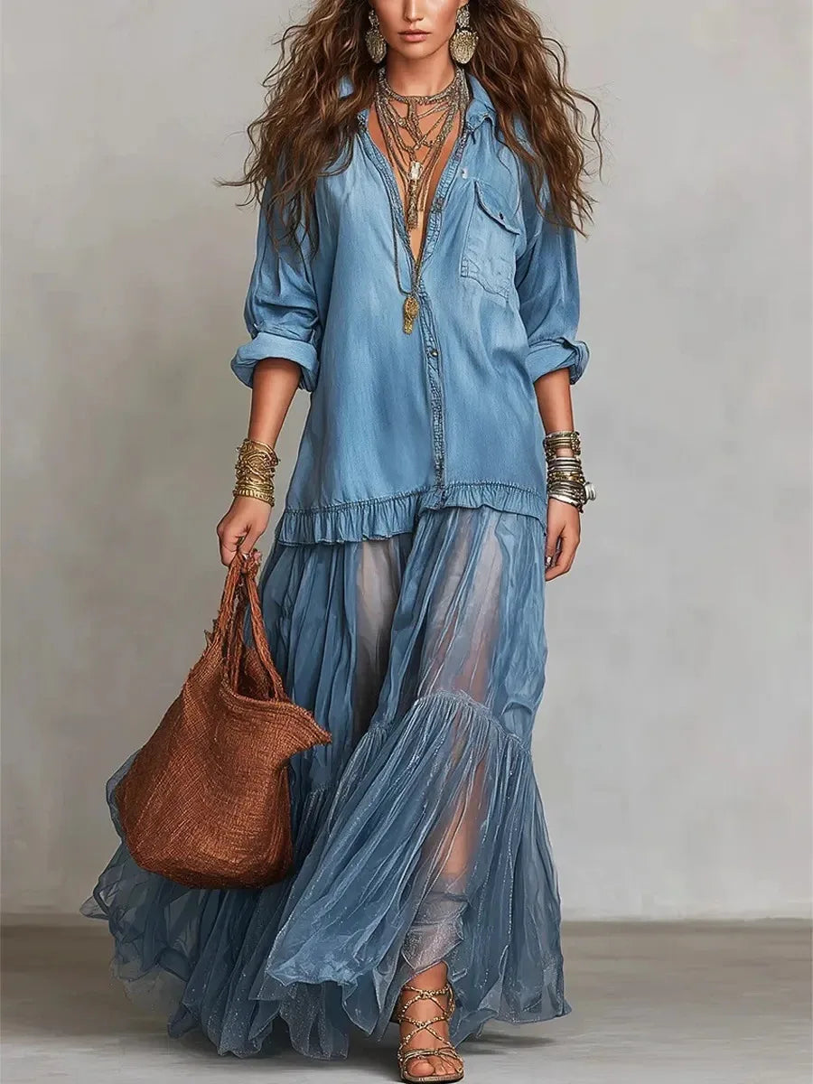 Savannah | Bohemian Denim Maxi Dress