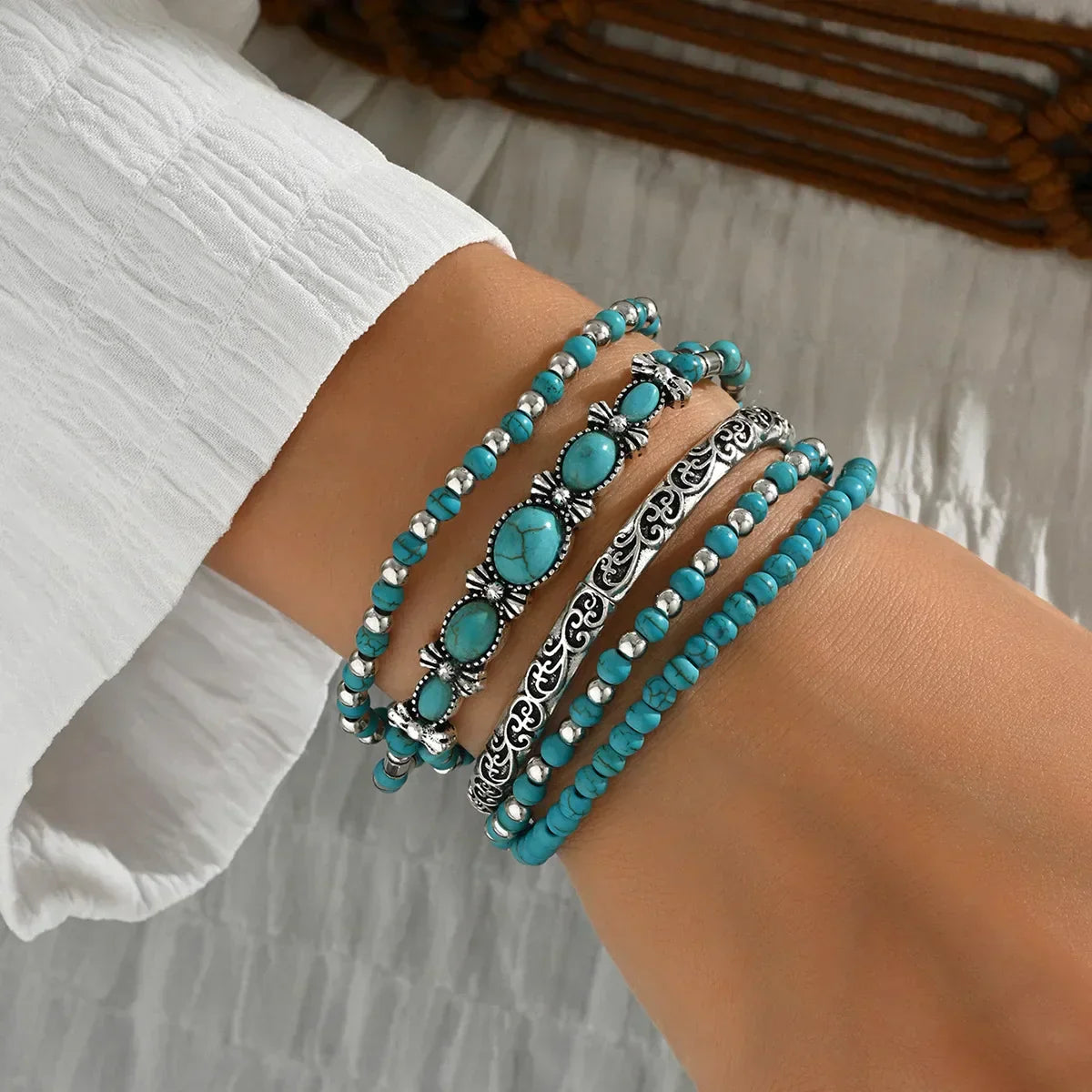 Set with Bohemian Turquoise Bead Bracelet