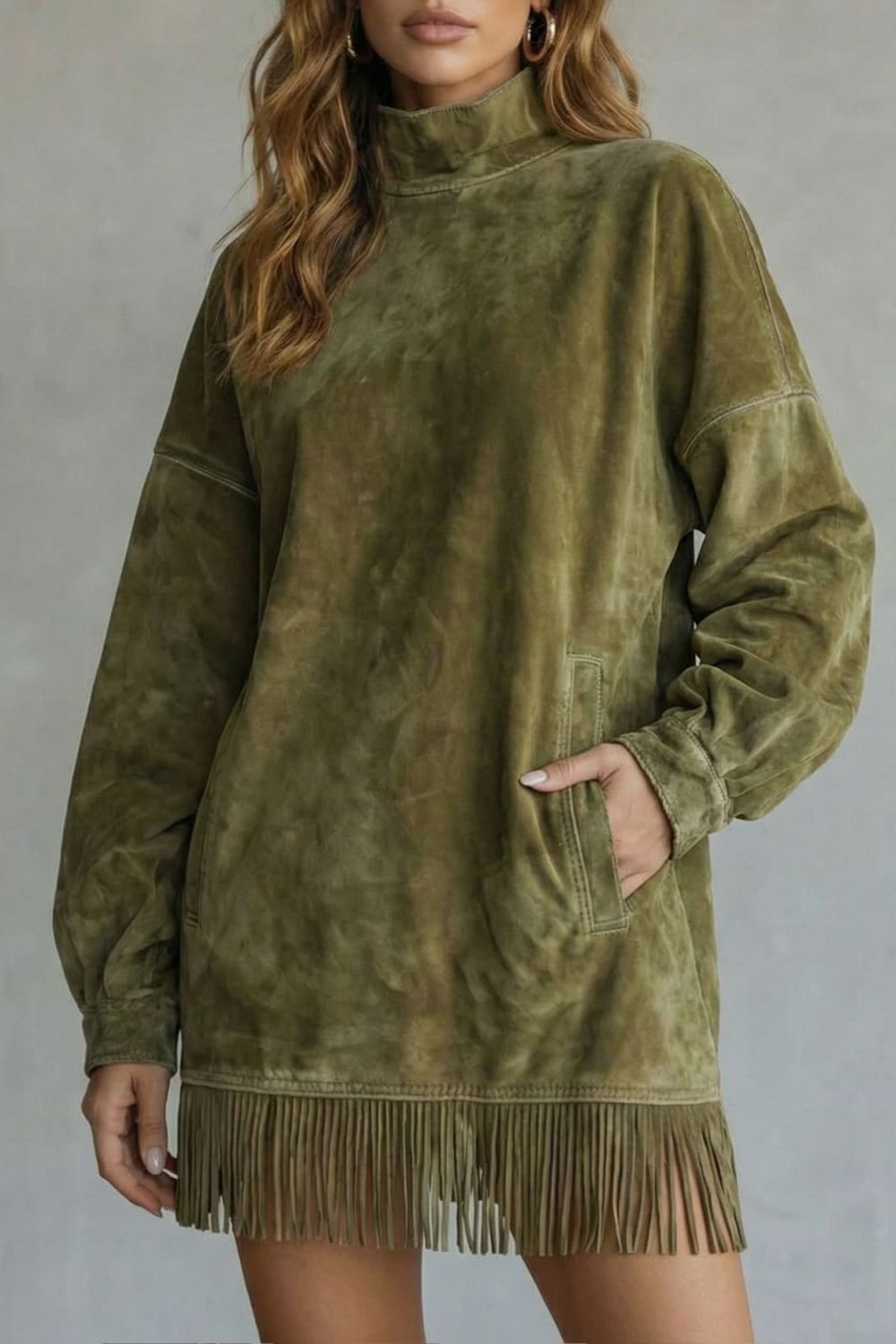 Viretta – Suede fringe detail – Turtleneck mini dress