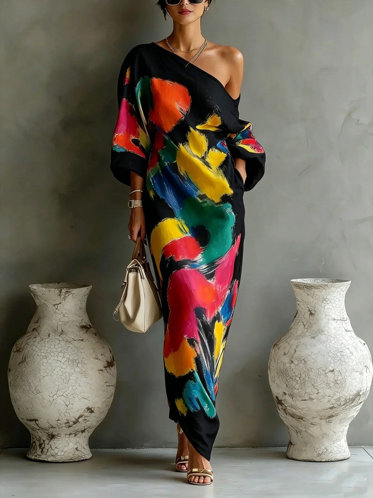 Danella | Abstract One-Shoulder Maxi Dress