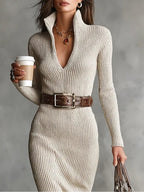 Adele | Knitted Dress with Mid-High Neck and Belt
