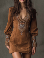 Beatrice | Vintage Brown Suede-Style Mini Dress with V-Neck and Embroidery