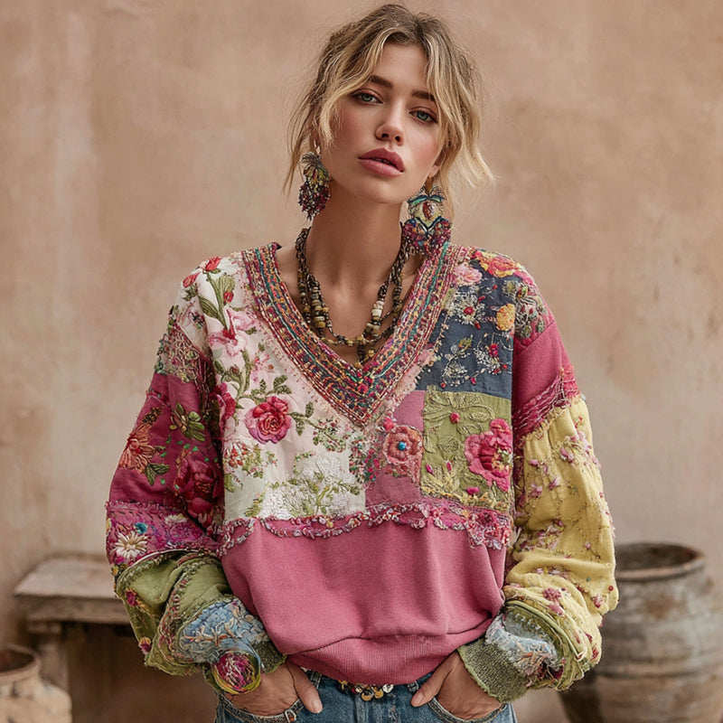 Maribel | Embroidered Patchwork V-Neck Sweatshirt