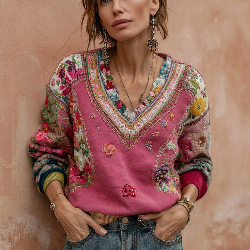Celeste | Embroidered Boho V-Neck Sweatshirt