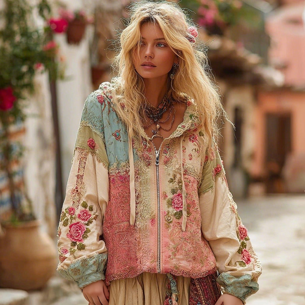 Elowen | Floral Embroidered Zip Hoodie