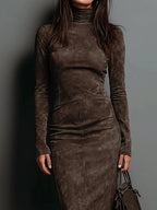 Ilaria | Midi Dress in Suede with High Collar and Long Sleeves