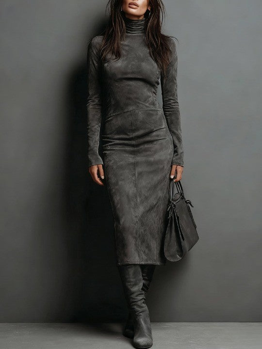Ilaria | Midi Dress in Suede with High Collar and Long Sleeves