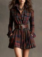 Elise | Vintage Short Dress with Red & Brown Checks and Lapel (Includes Belt)