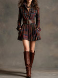 Elise | Vintage Short Dress with Red & Brown Checks and Lapel (Includes Belt)
